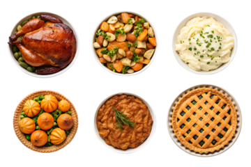 A top down view of six bowls filled with thanksgiving dinner dishes against a black background