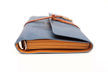 Blue leather journal notebook with embossed tree design, vintage style travel diary with suede cord and bronze leaf charm, perfect for sketching, writing, gift, stationery, inspiration, and storytelli