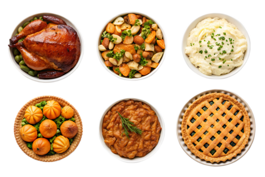 A top down view of six bowls filled with thanksgiving dinner dishes against a black background