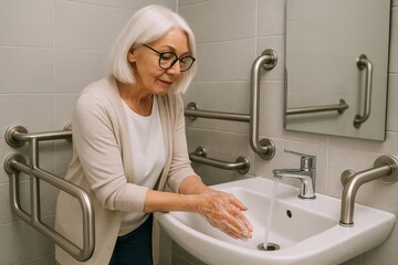 Older woman washing hands with soap at bathroom sink promoting hygiene and health care.