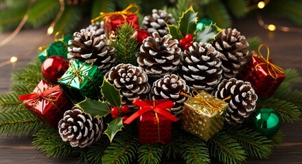 "Festive Christmas & New Year Background with Gifts and Pine Decorations"