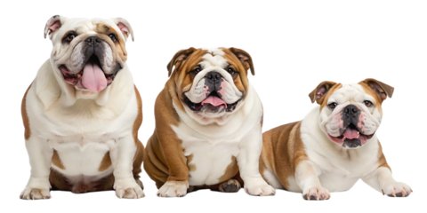 Three english bulldogs posing in a row with tongues out and smiling on a transparent background