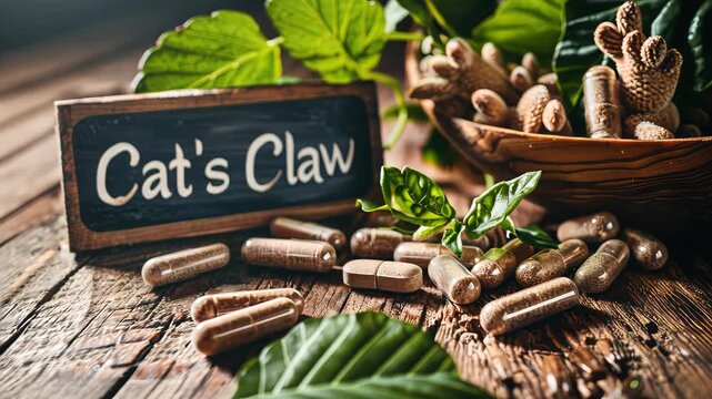 Cat's claw and supplement capsules. Selective focus. Nature.