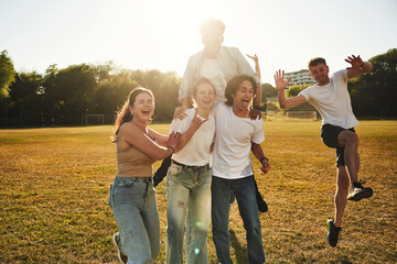 Going crazy, having fun. Young friends are on the field