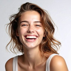 Studio portrait of a laughing woman on white background
