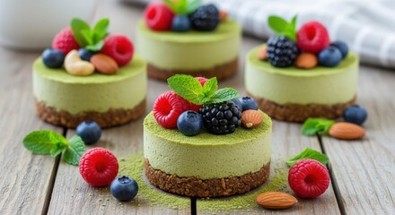 Four small matcha cheesecakes topped with fresh berries, almonds, and mint leaves, arranged on a light-gray wooden surface