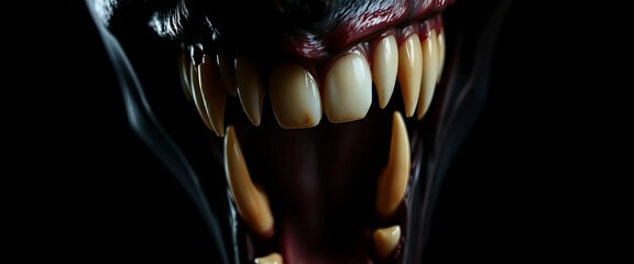 Jagged teeth bared in a ferocious snarl against a stark black backdrop,  fear,  intense