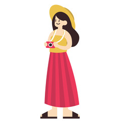 Happy flat design female character in yellow hat striped skirt holding red camera tourist.