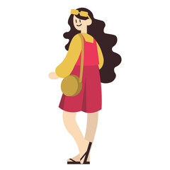 Stylish Woman with Wavy Hair and Round Bag.