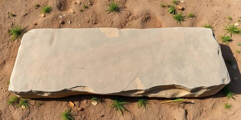 Large, flat, unworked stone slab rests on ground,  heavy,  blank