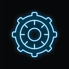 Neon sign illustrating a ship steering wheel glowing blue against a dark background