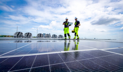 Solar panel technicians working on a rooftop installation during a sunny day
