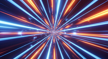 Converging blue and orange light streaks radiate from a central point, creating a tunnel effect with a futuristic, energetic, and vibrant ambiance.
