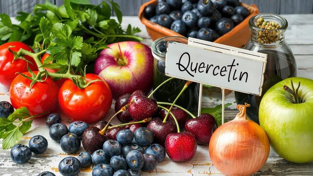 Food contains quercetin on the table. Selective focus. foods.