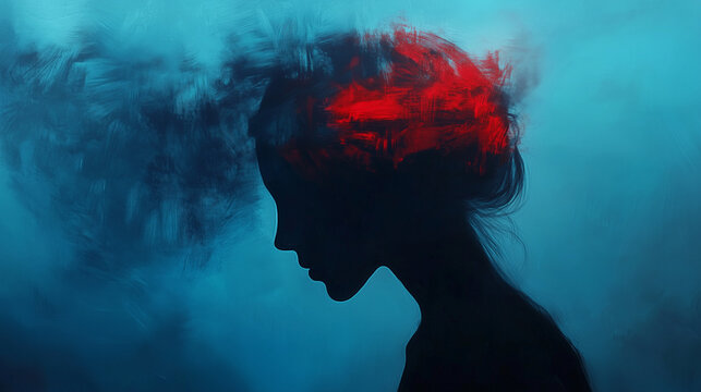 Emotional artwork showing a woman's silhouette with red thoughts, perfect for conveying mental health, inspiration, or feminine strength in a modern design.