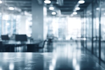 An innovative office setting with a blurred background that accentuates a spotless, organized workspace concept, combining modern decor, ergonomic furniture, and a conducive environment designed to