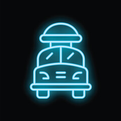 Blue neon sign of a classic american food truck is glowing on a wall at night