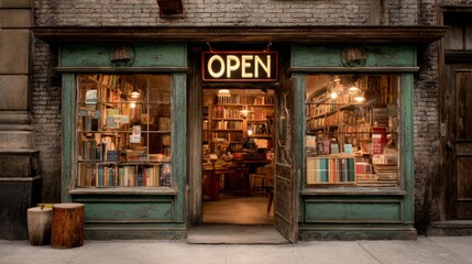 Bookshop Cafe Facade, bookstore is open