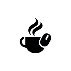 A black icon of a coffee cup with steam and a coffee bean on a white background in a simple style
