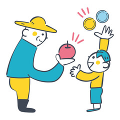 農家と子どもがお金とリンゴを交換する　労働の対価と消費の学習イラスト
