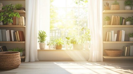 Fototapeta premium A bright, cozy room with a window, featuring bookshelves filled with books and various potted plants, illuminated by warm sunlight.