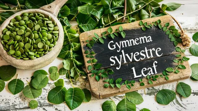 Gymnema sylvestre leaves capsule supplements on the table. Selective focus. nature.
