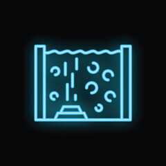 Glowing blue neon icon of a water filtration system removing impurities to produce clean and safe drinking water