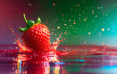 A strawberry splashing into red liquid, creating a crown of liquid and bubbles. The image captures concepts of food, freshness, and fruit.
