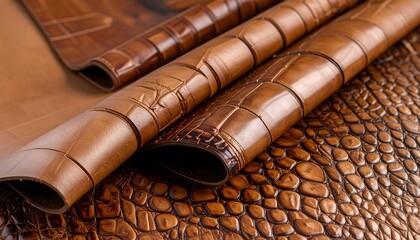 Close-up view of brown leather samples