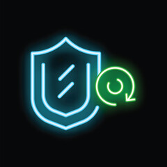 Glowing neon icon of a shield with an update symbol, representing the concept of cybersecurity updates