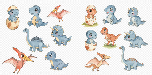 A charming collection of cute watercolor baby dinosaurs, including T-Rex, Triceratops, and some hatching from eggs. © studio