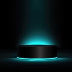 Sleek black circular podium glows with vibrant turquoise light in a dark  setting.