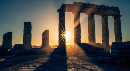 Naklejka premium Scenic view of ancient Greek temple ruins at sunset with golden sun rays. Historic architecture for travel and archeological concept.