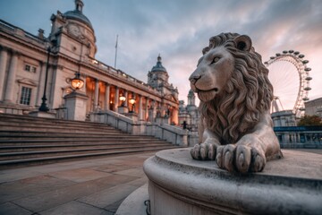 Lion statue at London landmark, dawn light