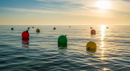 Colorful Buoys Floating on a Sparkling Sea at Sunset
A beautiful array of colorful buoys in red, yellow, and green floats on the gentle waves of the sea during a glorious sunset