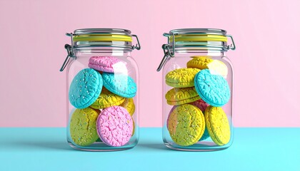 glass jars of colorful biscuit