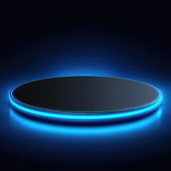 A round, black display podium with a glowing, vibrant blue neon edge, set against a dark background, creating a modern and futuristic presentation space.