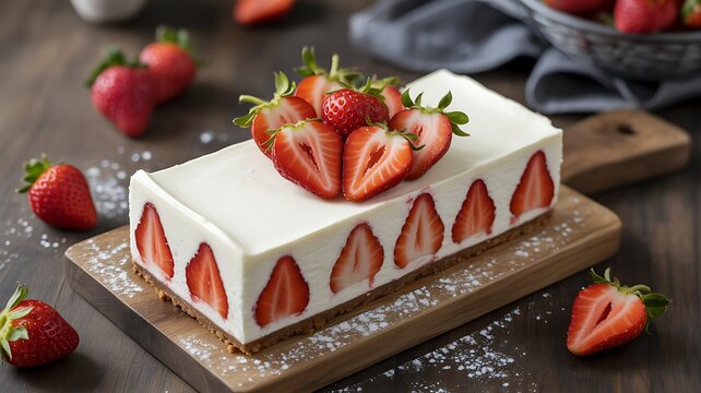 Delicious Strawberry Cheesecake with Fresh Strawberries on Wooden Board Perfect for Dessert and Summer Treats Bakery Confectionery and Gourmet Delights Photography