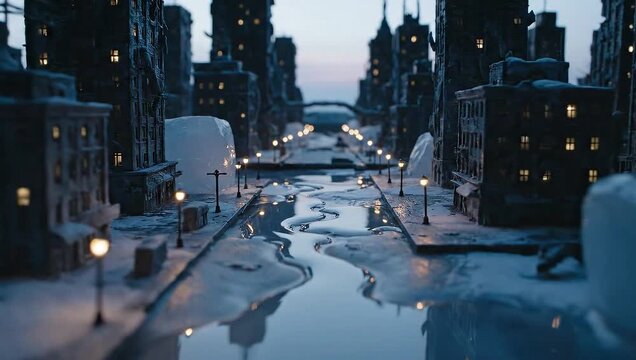 melting ice water stream flows through city street miniature
