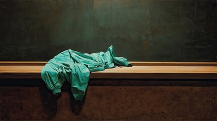 Green Surgical Gown on Table in Dimly Lit Operating Room Setting