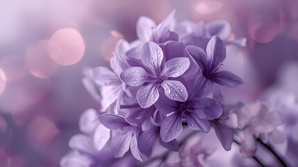 Fototapeta premium Close-up 3D render of delicate purple flowers with dewy petals and a soft bokeh background.