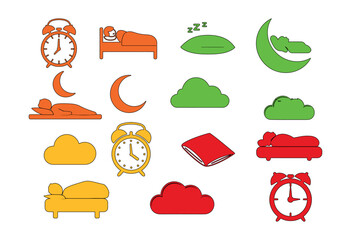 A colorful assortment of sleep related icons including beds clocks moons and clouds on white background, A set of icons for sleep and rest: a person sleeping, a crescent moon, a cloud, a pillow