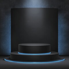 A dark, modern display podium with glowing blue accents, perfect for showcasing products.