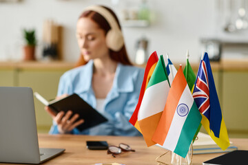 Red-haired language teacher conducts online session from cozy home workspace