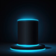 A glowing, dark-toned cylinder pedestal with vibrant blue neon highlights, set against a dark backdrop, creates a futuristic and modern display.