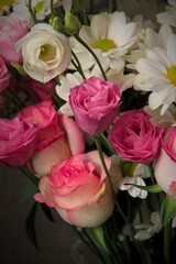 Bouquet of a pink flower and white chamomile