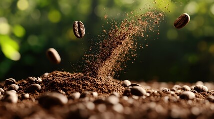 Ground coffee explosion with coffee beans in natural atmosphere