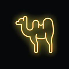 Bright yellow neon icon of a bactrian camel standing still on a black background