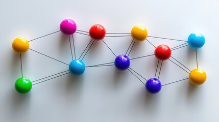Colorful spheres connected by black lines forming a network on a white surface overhead view