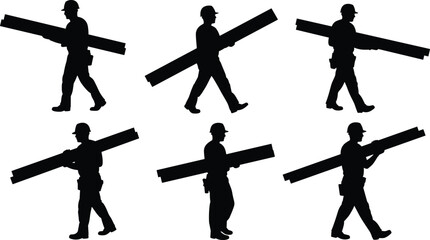 Construction worker silhouette carrying beams, building labor, industrial workforce illustration, heavy lifting job, contractor man design, safety helmet worker icon